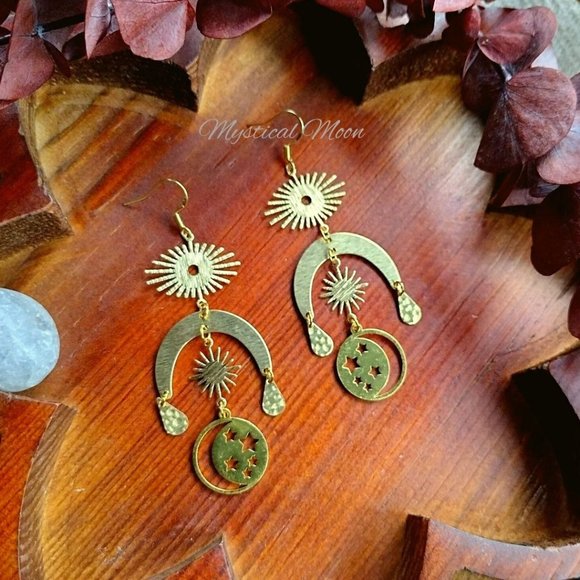 Cosmic Moon Chandelier Earrings with Sun & Moon Handmade Witchy Jewelry - Picture 3 of 5